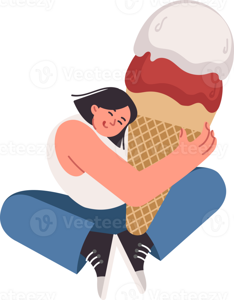 Woman hugs large ice cream made of creamy fruit filling in waffle cone and smiles in anticipation of taste of dessert. Huge ice cream for teenage girl eating sweet food to get rid of hunger png