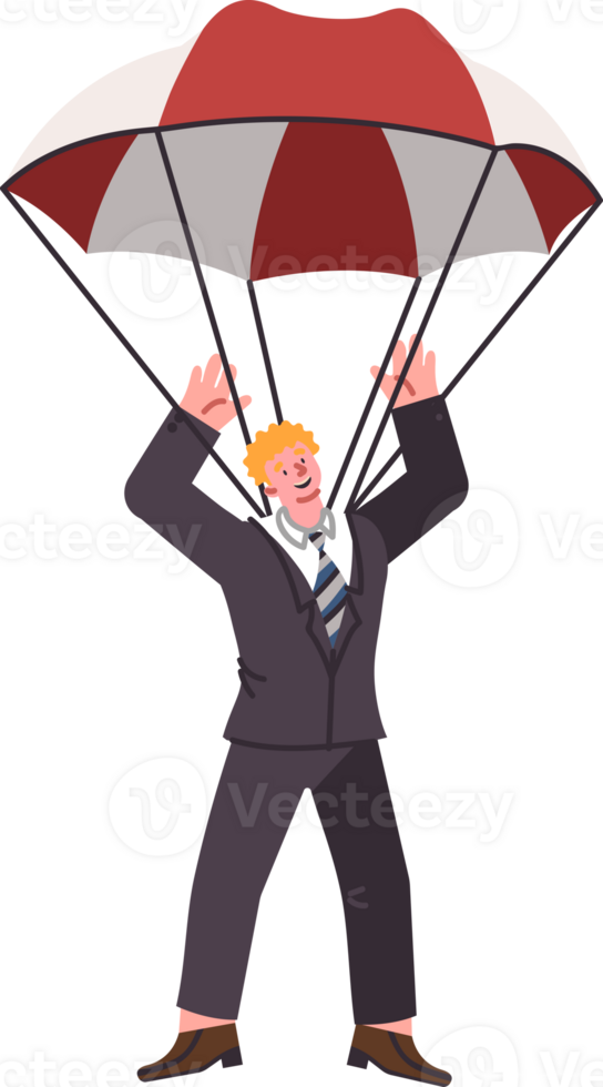 Insurance in form of parachute for business man escaping after company goes bankrupt or fired from job. Corporate manager insurance that allows to avoid life-destroying career shocks. png