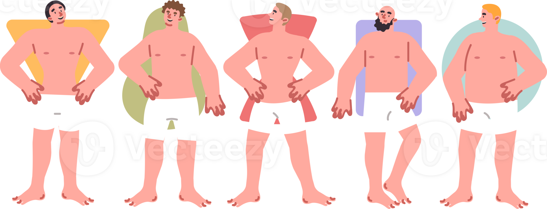 Different types of male body similar to circle or square and hourglass with triangle. Men in shorts demonstrate possible types of body constitution, for concept of figure positivity. png