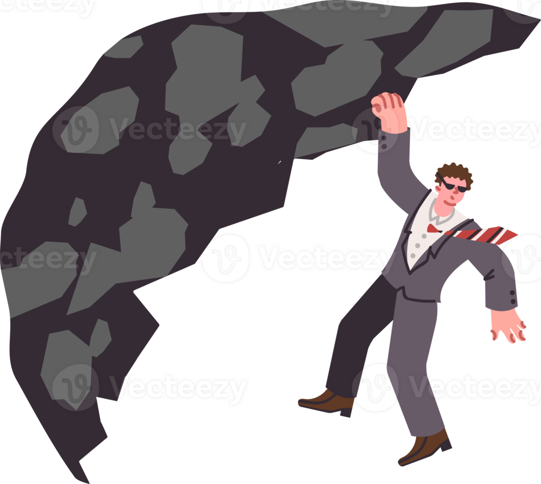 Business man is hanging on cliff at risk of life, and may fall due to dangerous adventure. Agent or spy climbs sheer mountain at top and takes risk to spy on surveillance object from above png