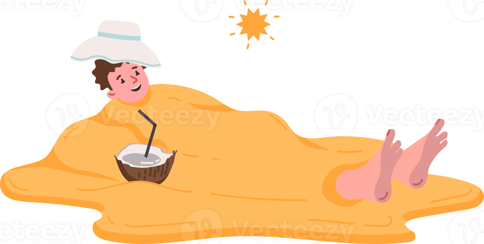 Man relaxing on beach is buried up to neck in sand during summer vacation at resort with friends. Beach holiday for funny guy with cocktail enjoying sunny weather and fun time by ocean png