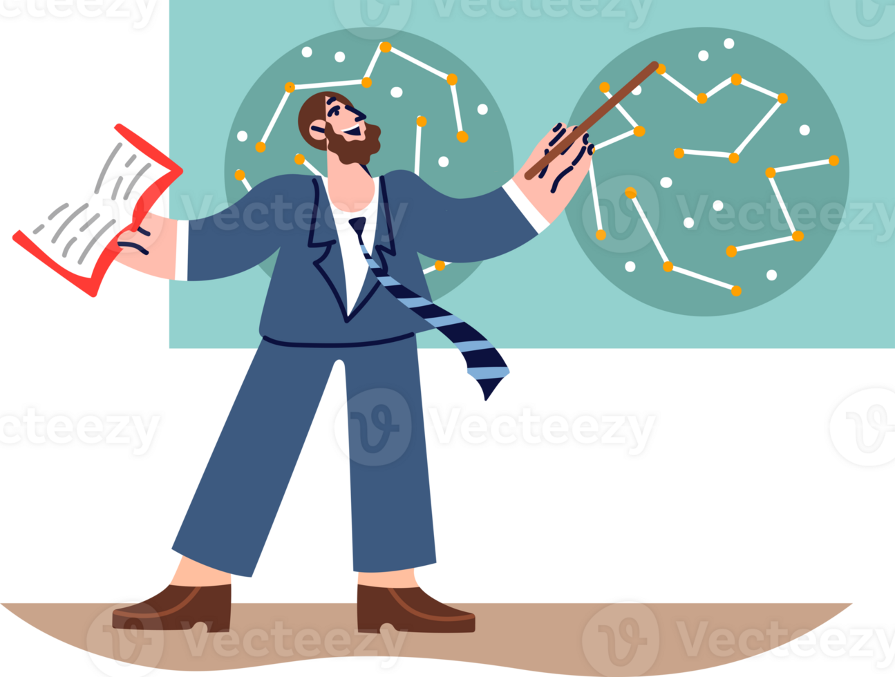 Man astronomer studies star map and points out constellations, giving lecture to university students. Smart guy works as astronomer doing scientific work on topic of space and universe. png
