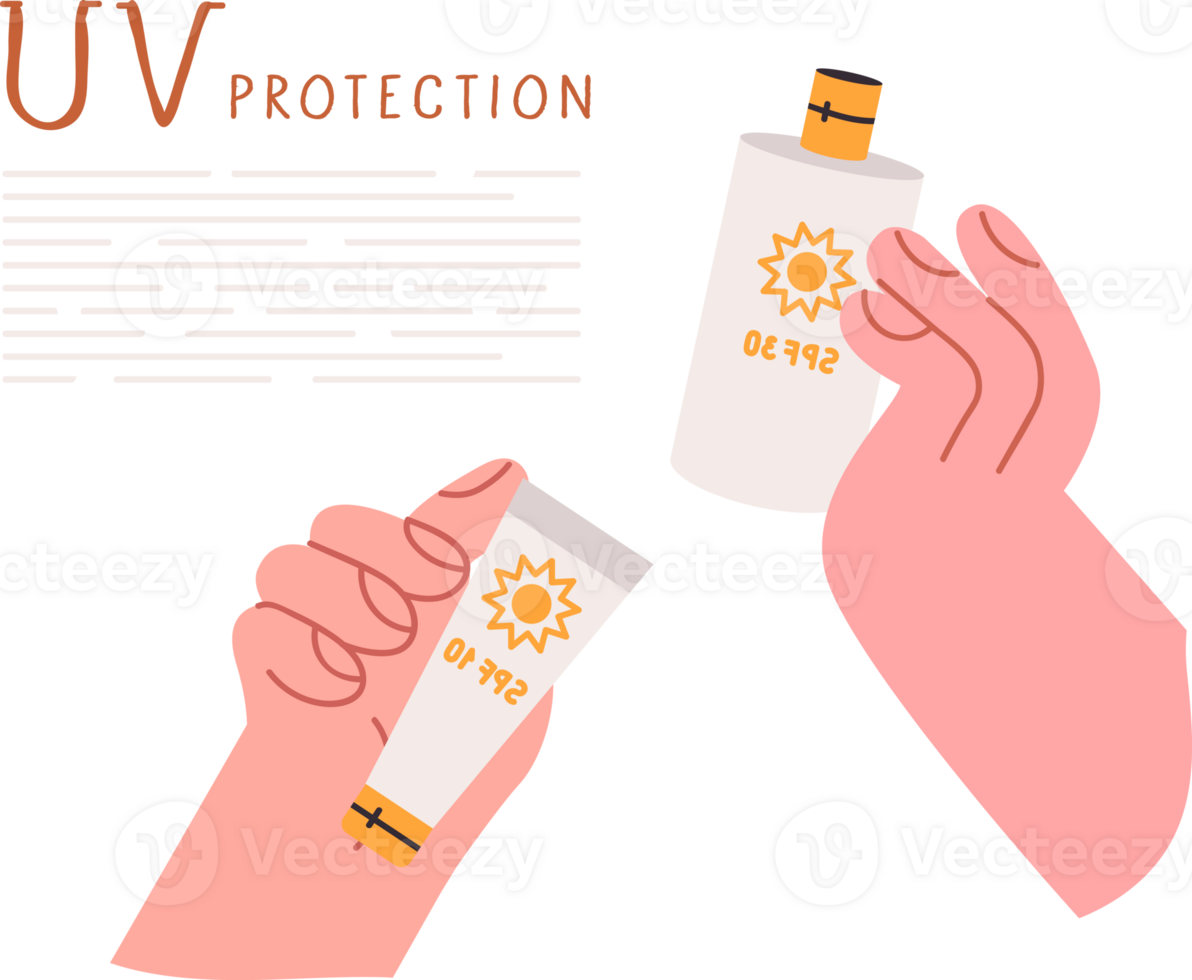 Sunscreen spf30 and spf50 in hands of person choosing product to protect against UV radiation. Sunscreen to avoid sunburn and heatstroke during summer walks or beach holidays at sea png