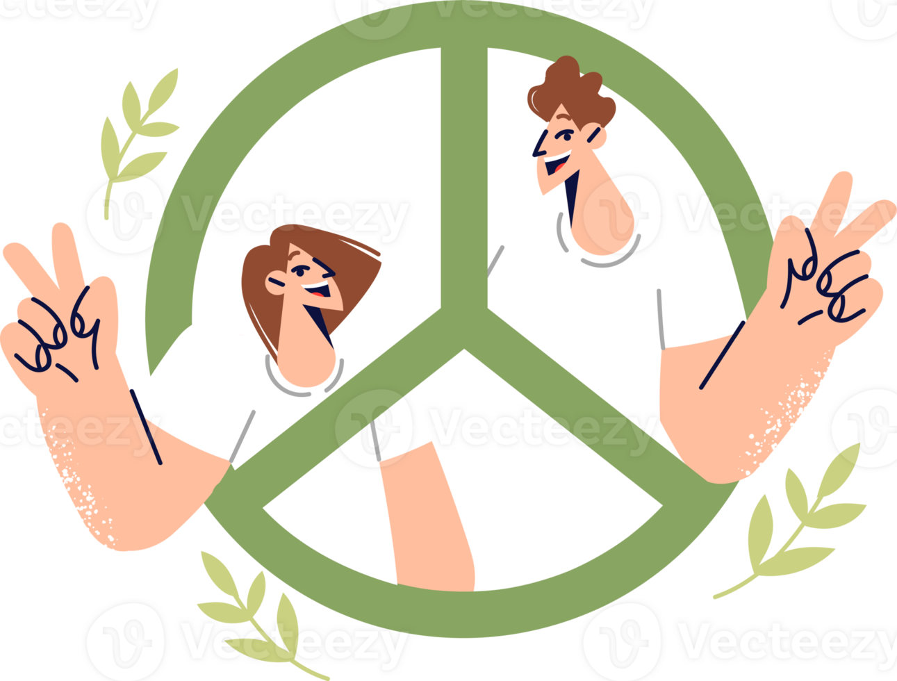 Peace sign with man and woman showing v gesture calling for end of war and friendship between people. Happy couple with peace symbol stand for humanism or freedom of all inhabitants of planet png