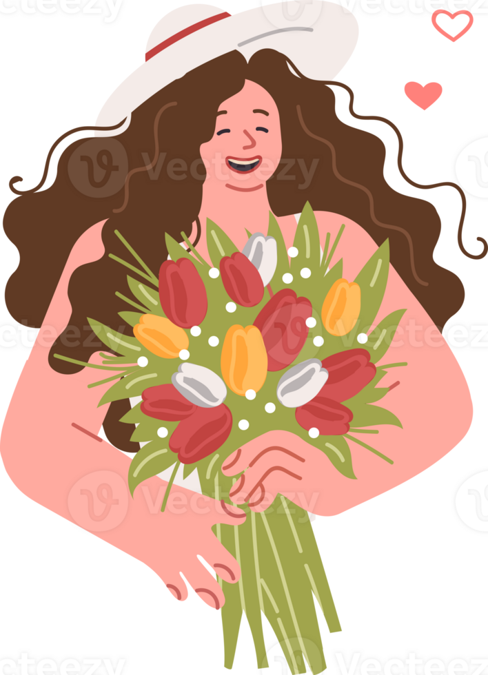 Woman with bouquet of flowers in hands rejoices at romantic gift from boyfriend who congratulated on march 8th. Girl with bouquet laughs after receiving tulips on anniversary of start of relationship png