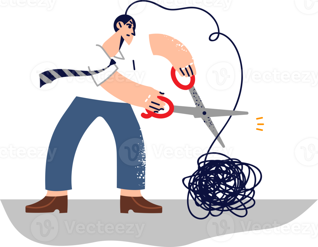 Man gets rid of psychological problems arising from childhood traumas by cutting off tangled wad of thread with scissors. Business guy working on achieving psychological balance in life png