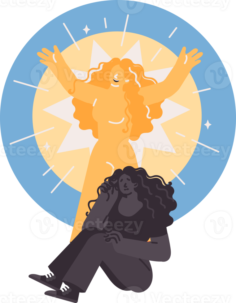 Depressed woman feels internal rebirth but sits and experiences stress due to mental health problems. Girls need psychotherapy and antecedents for rebirth after difficult relationship png