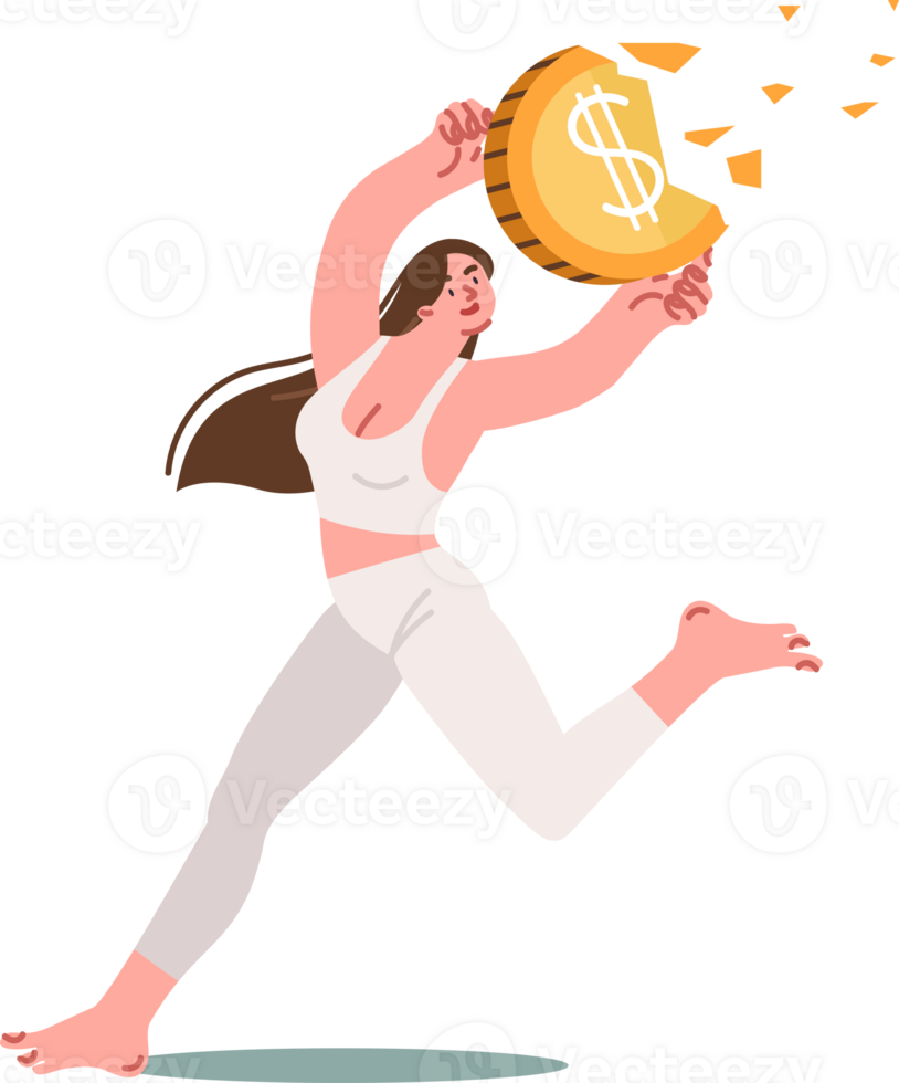 Problem of inflation destroys savings of woman suffering from crisis and running with large coin in hands. Concept of inflation recession due to small federal reserve interest rate png