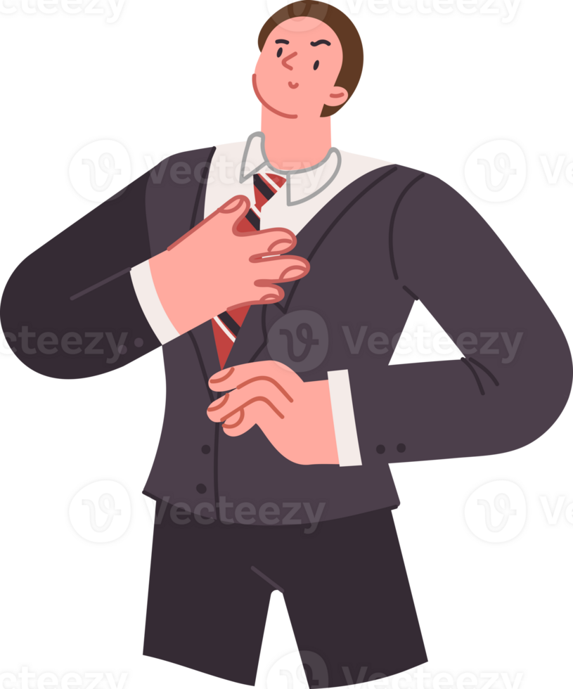 Narcissistic man ties tie and looks up proudly, feeling confident in own abilities. Self-centered guy proudly preparing for important day at work or award ceremony at corporate event png