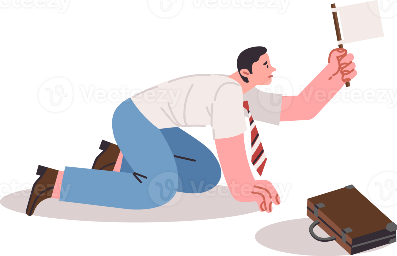 Business man suffered defeat in competition for job and is showing white flag, asking for mercy. Office clerk falls victim to corporate intrigue and is humiliated after being defeat png