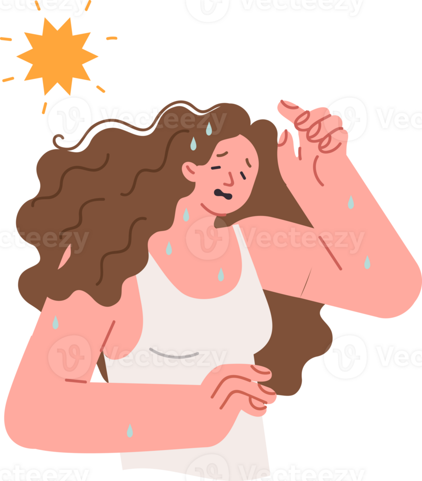 Sweaty woman suffers from unbearable heat and summer weather causing exhaustion and heatstroke. Sweaty girl feels exhausted standing under sun after walking around city in tropical climate png