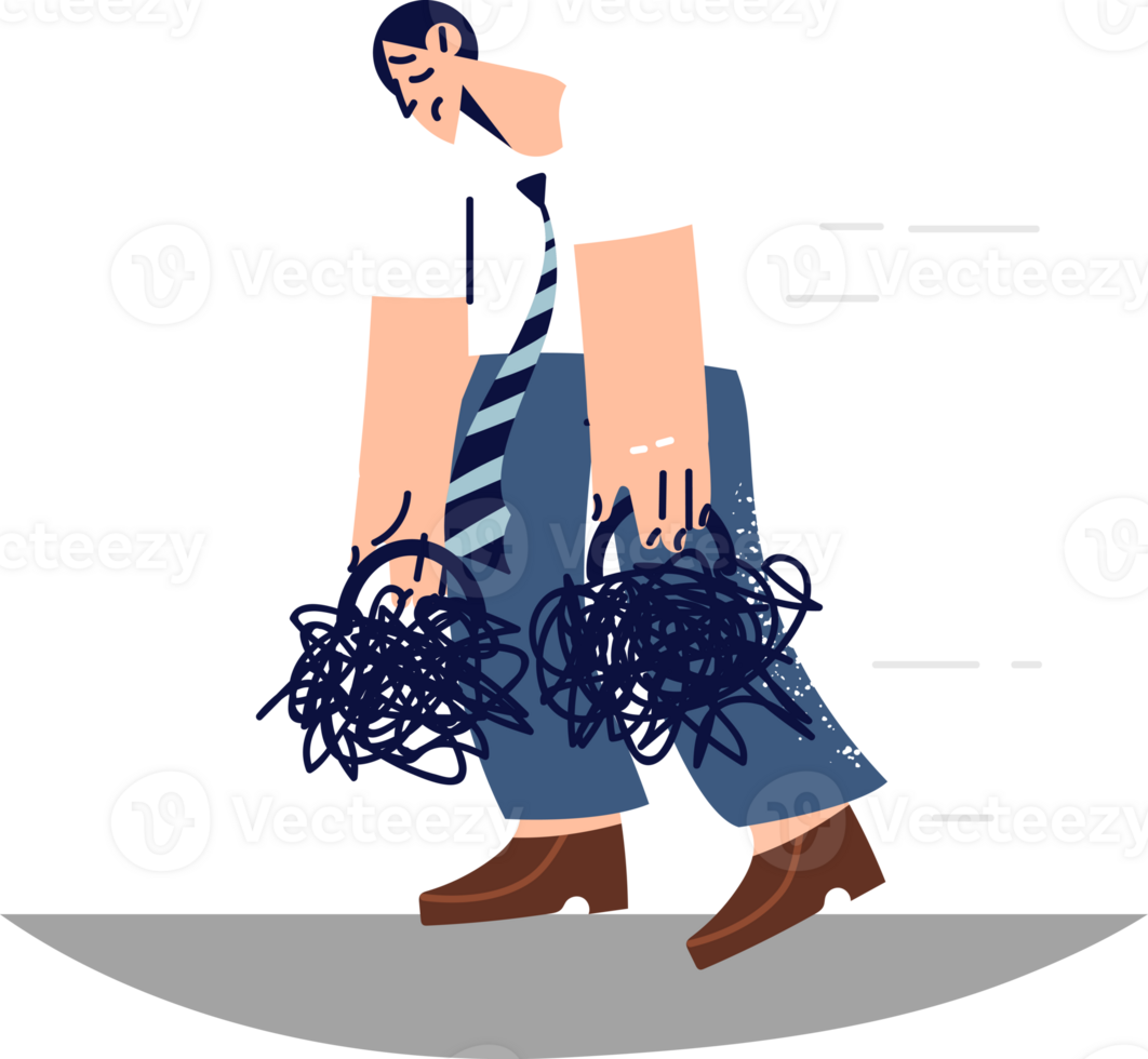 Depressive man with load of problems walks with head down and needs help of psychotherapist. Guy is experiencing stress and apathy due to depressive disorder caused by lack of success in life png