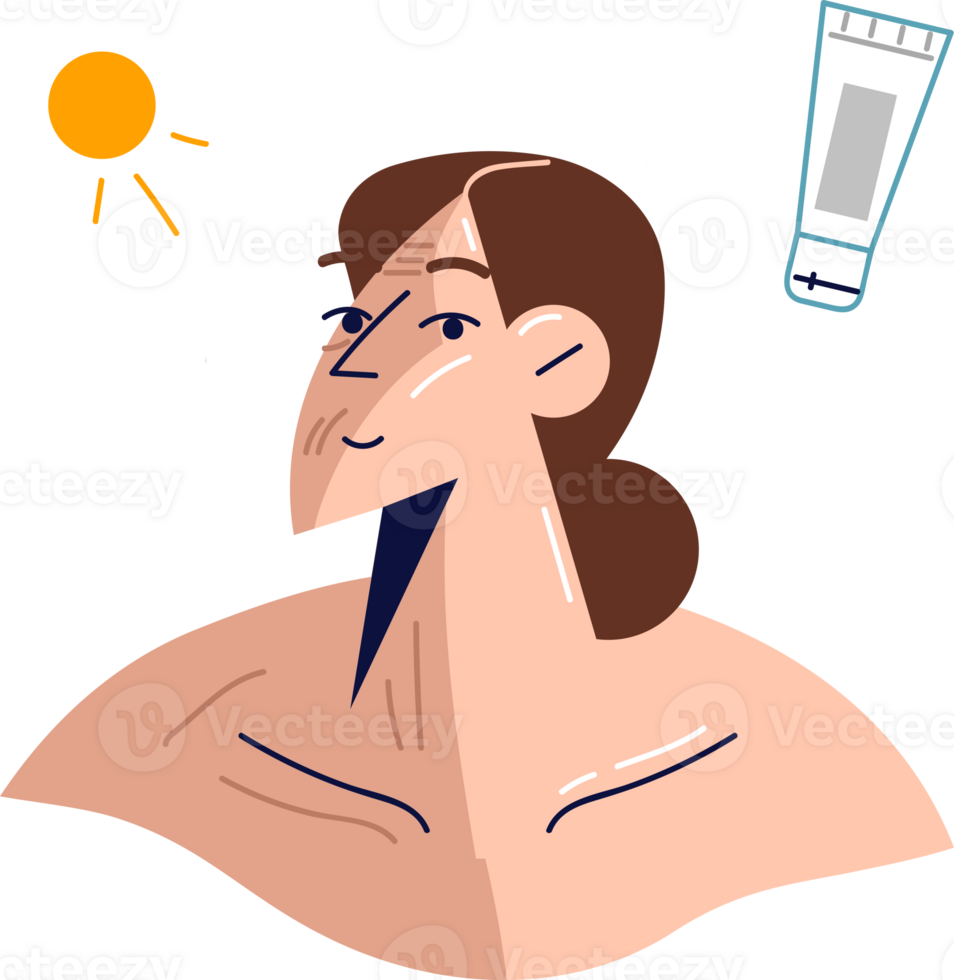 Girl uses SPF cream to avoid tanning in summer, for fear of getting skin cancer due to sun rays. Woman before and after using sunscreen with spf function or cosmetics to get even tan png