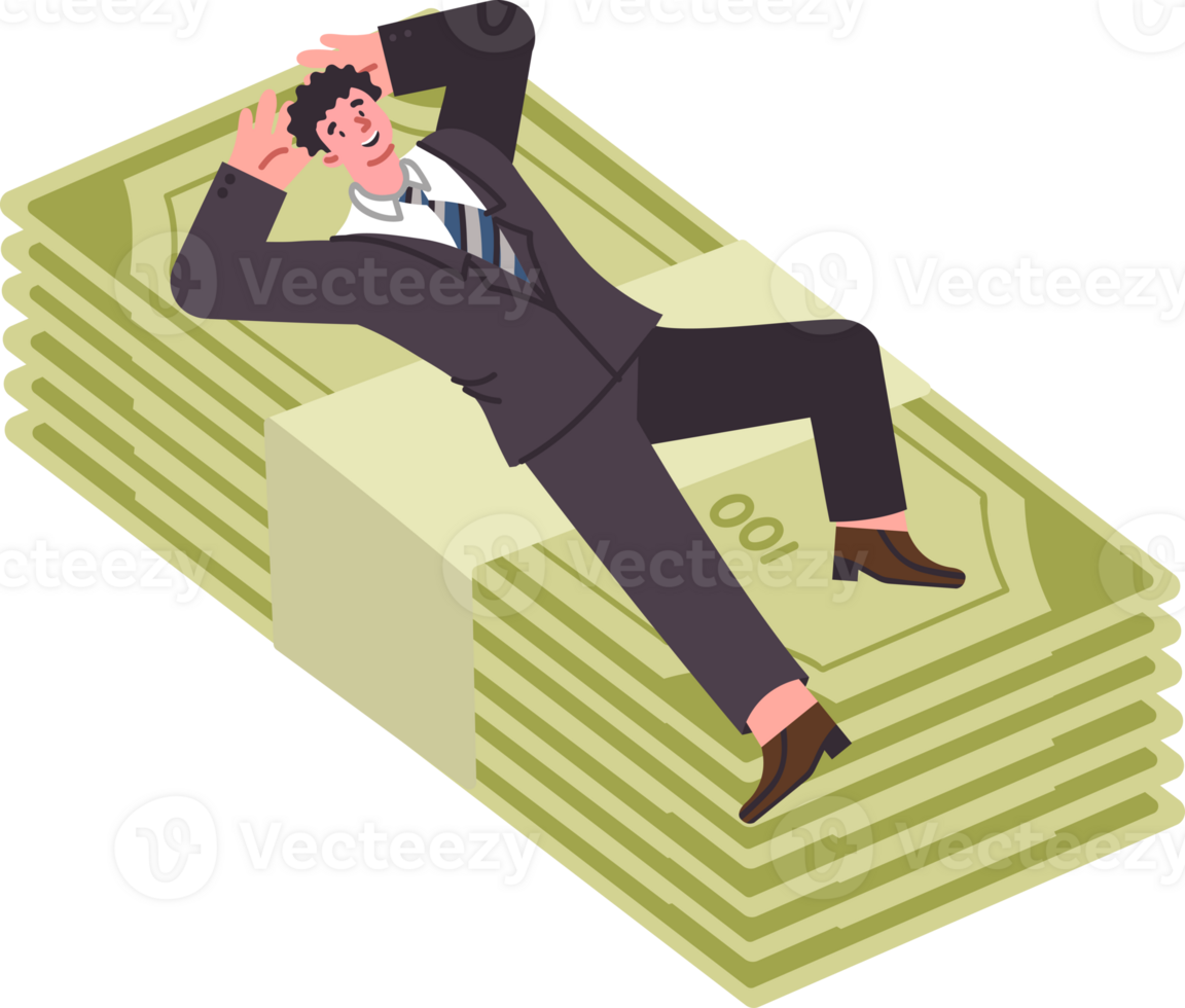 Financial pillow allows man to avoid unnecessary stress and risk, and lie on large wad of money. Financial cushion in case of crisis in economy or financial recession from happy clerk png