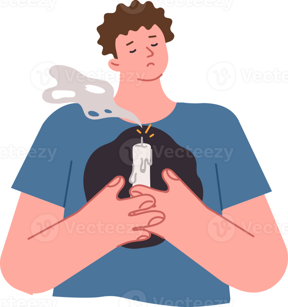 Man lost hope and grieving, feeling devastation or loneliness, holding extinguished candle in front of chest. Guy lost hope due to problems in personal life and betrayal from girlfriend png