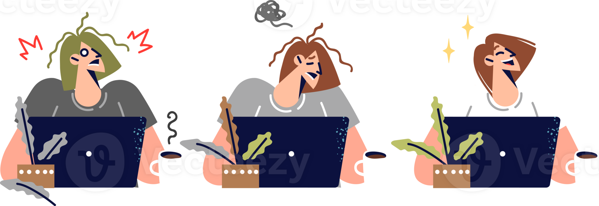 Woman office worker begins to suffer due to burnout and lack of rest or overdose of caffeine. Problem of professional burnout in workaholic girl who sits at computer for too long without break png