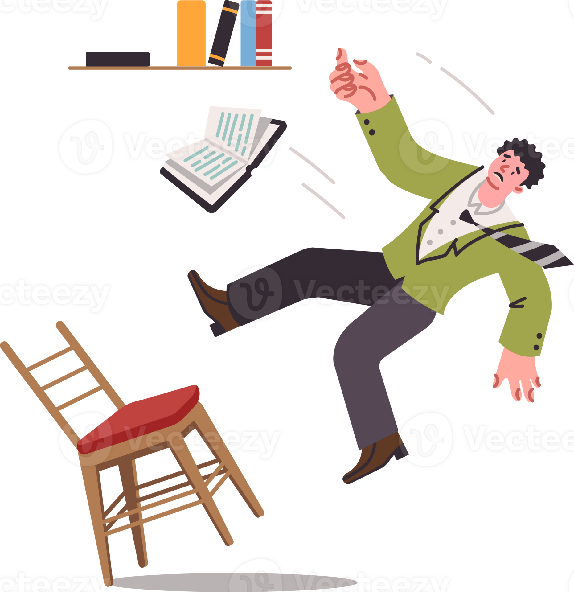 Man falls from chair reaching for book located on shelf and risks