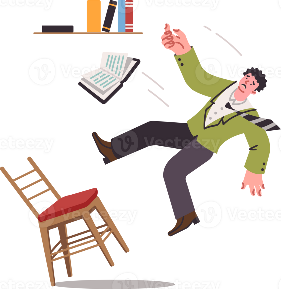 Man falls from chair, reaching for book located on shelf, and risks getting spinal fracture. Accident involving library patron who falls from chair due to poor behavior or broken furniture png