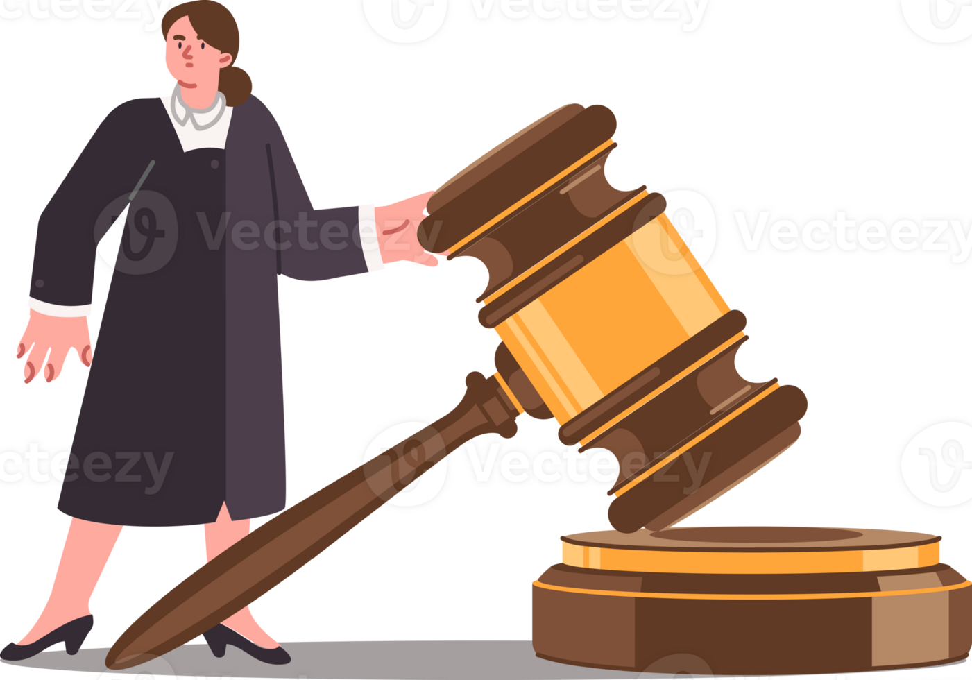 Woman judge makes fair decision for defendant who has broken law, standing near large gavel. Miniature judge feels fear and fears consequences due to need to pass sentence on criminal png