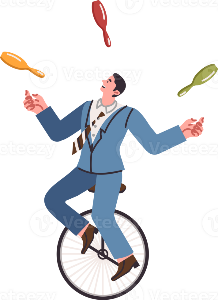 Business man with multitasking skills rides unicycle and juggles pins at same time. Professional manager guy uses multitasking to increase productivity and fulfill kpi plan to increase income png