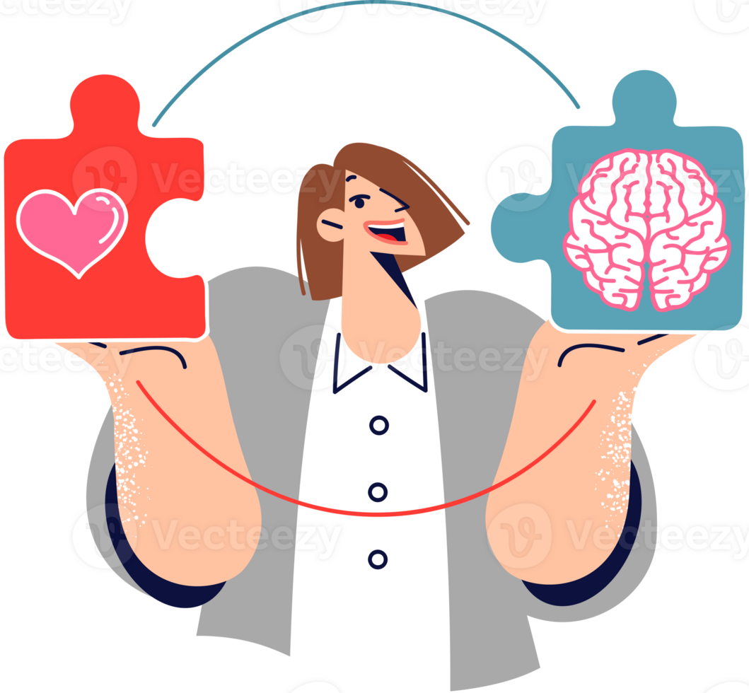 Business woman consciously chooses from feelings and reason, holding puzzle pieces with image of heart and brain. Girl is consciously trying to achieve balance between career and personal life. png