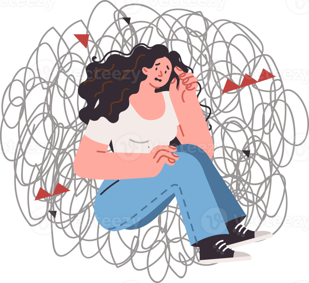 Woman with mental disorder and chaos in head needs to consult psychotherapist to solve psychological problems. Disorder and stress or prolonged depression caused nervous breakdown. png