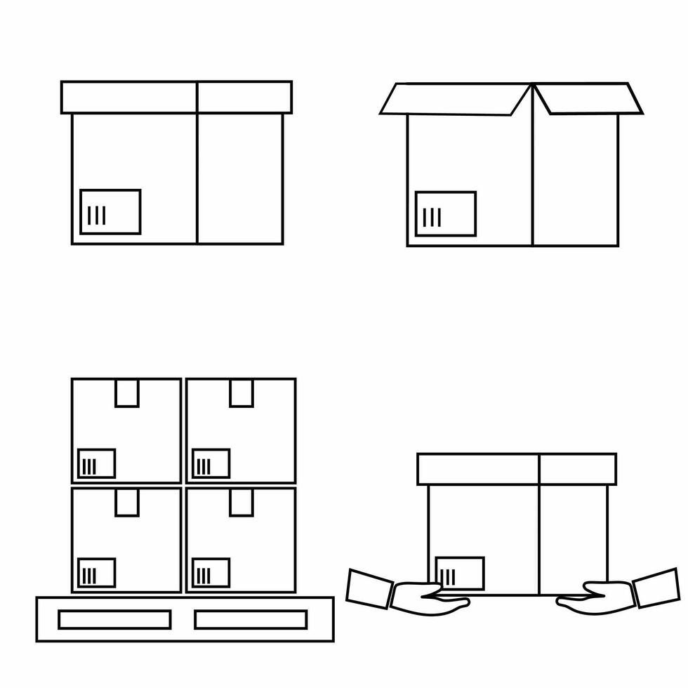 Set of cardboard boxes line art illustration isolated on white background. Closed and opened cardboard boxes for mailing, packing, shipping, and moving. vector