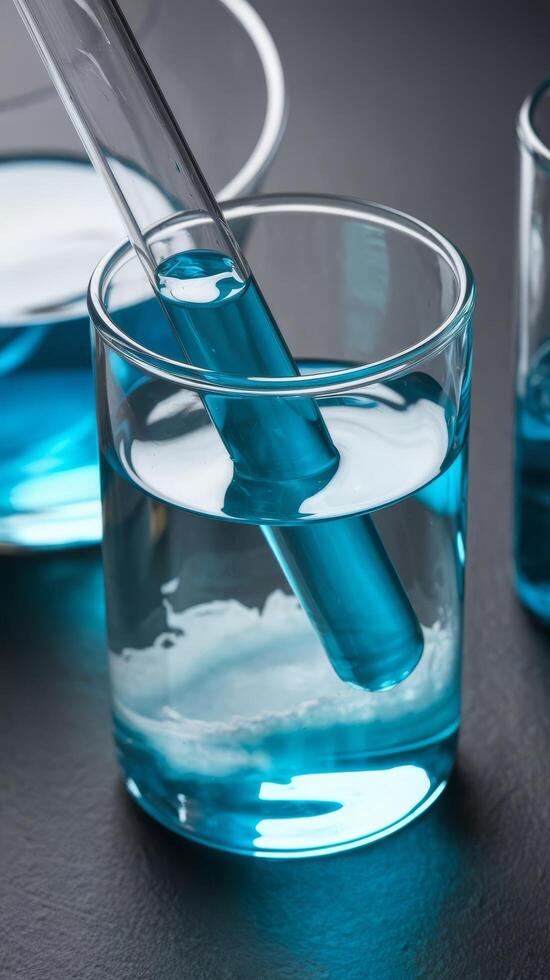 Blue liquid in a glass with a test tube photo
