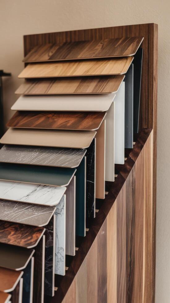 A shelf with different types of wood samples photo