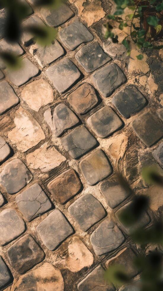 Abstract background of old cobblestone pavement closeup and top view of cobblestone floor photo