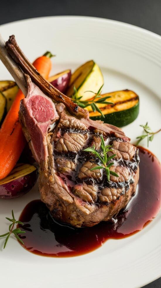 Grilled lamb chops with vegetables on a white plate photo