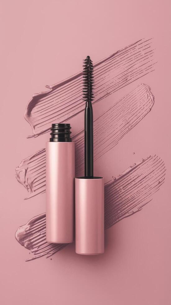 Eyelash brushes concept mascara on pink background mockup with copy space photo