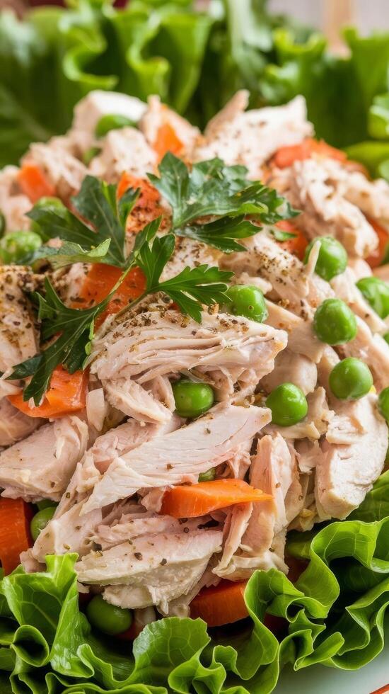 A plate of chicken salad with carrots and peas photo
