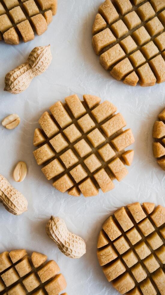 Topview of delicious peanut butter cookies on a white table photo