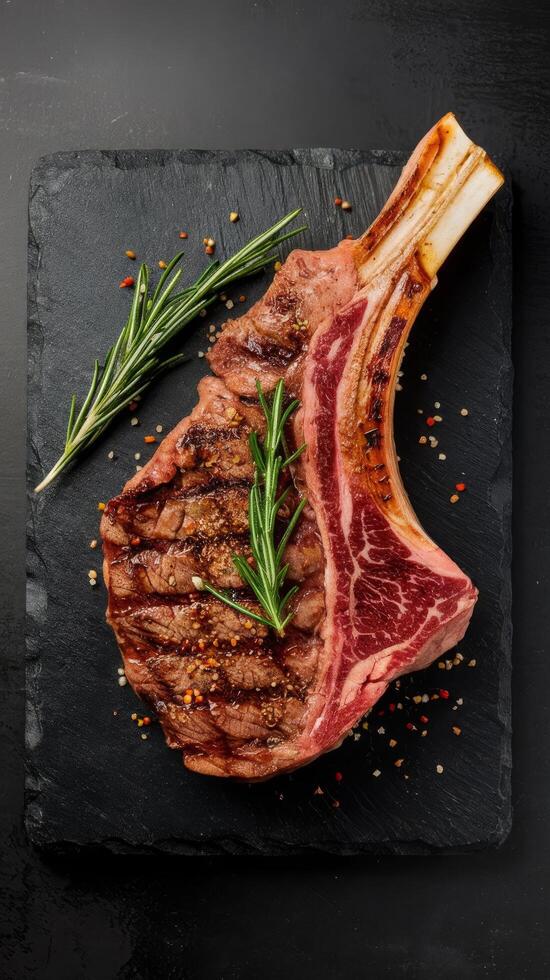 Juicy steak grilled on the bone with spices and herbs on a black stone background top view free copy space photo
