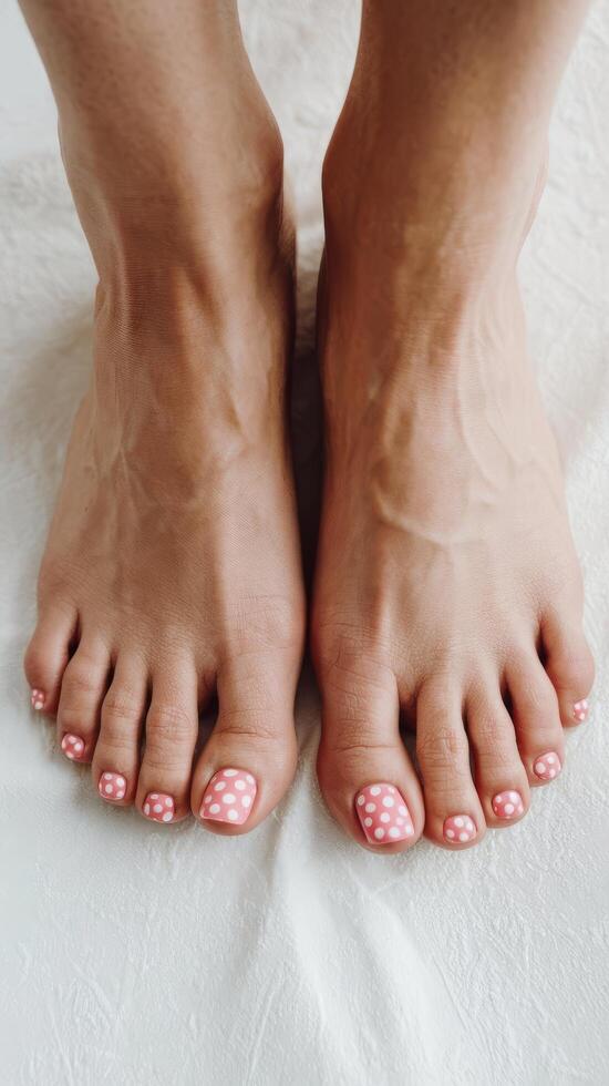 A woman's feet with pink and white polka dot nails photo