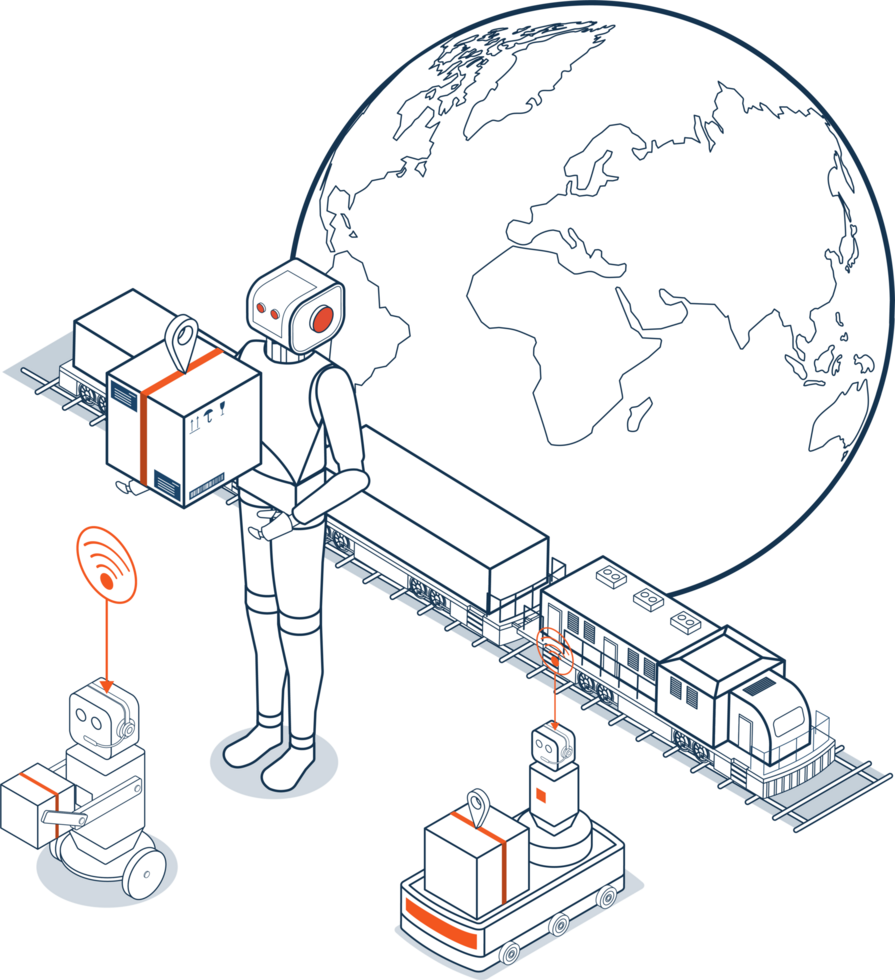 Global logistics network. 3D isometric scenes showing export-import operations with road, rail. png
