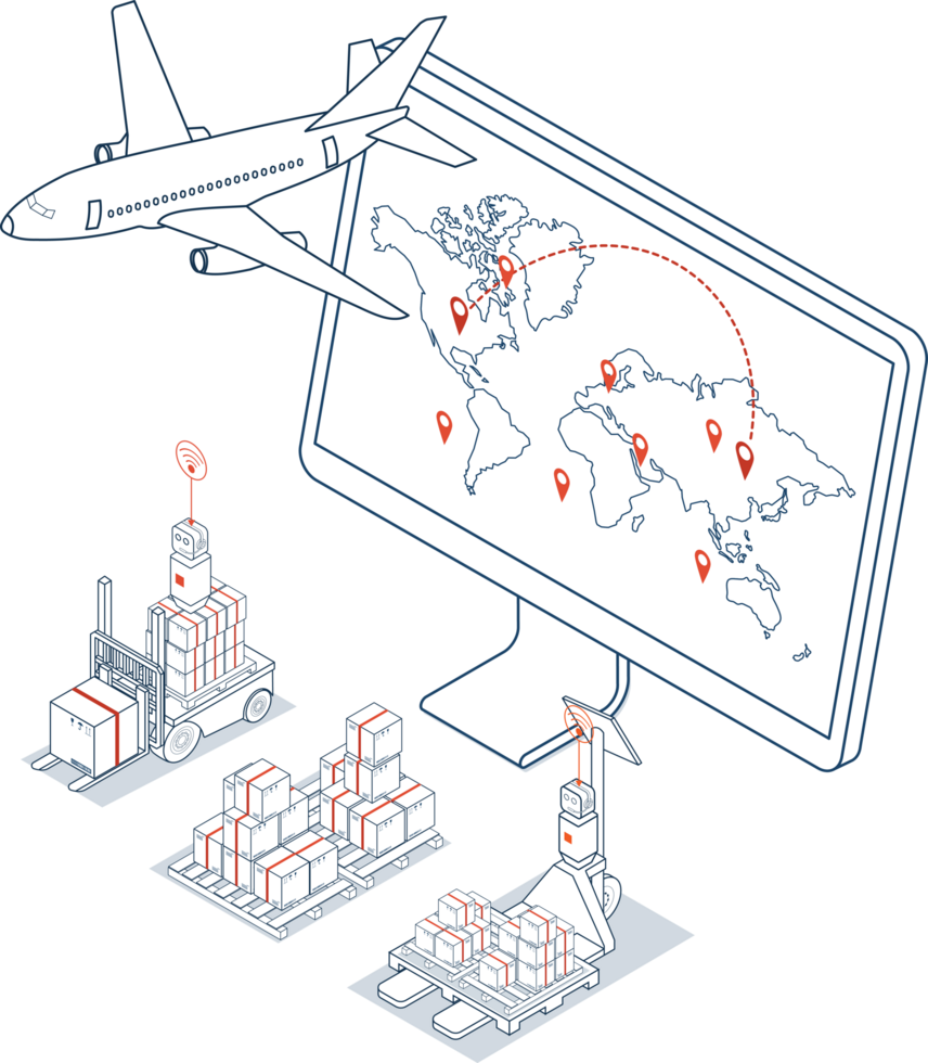 Global logistics network. 3D isometric scenes showing export-import operations via air, road, rail, and cargo services. png