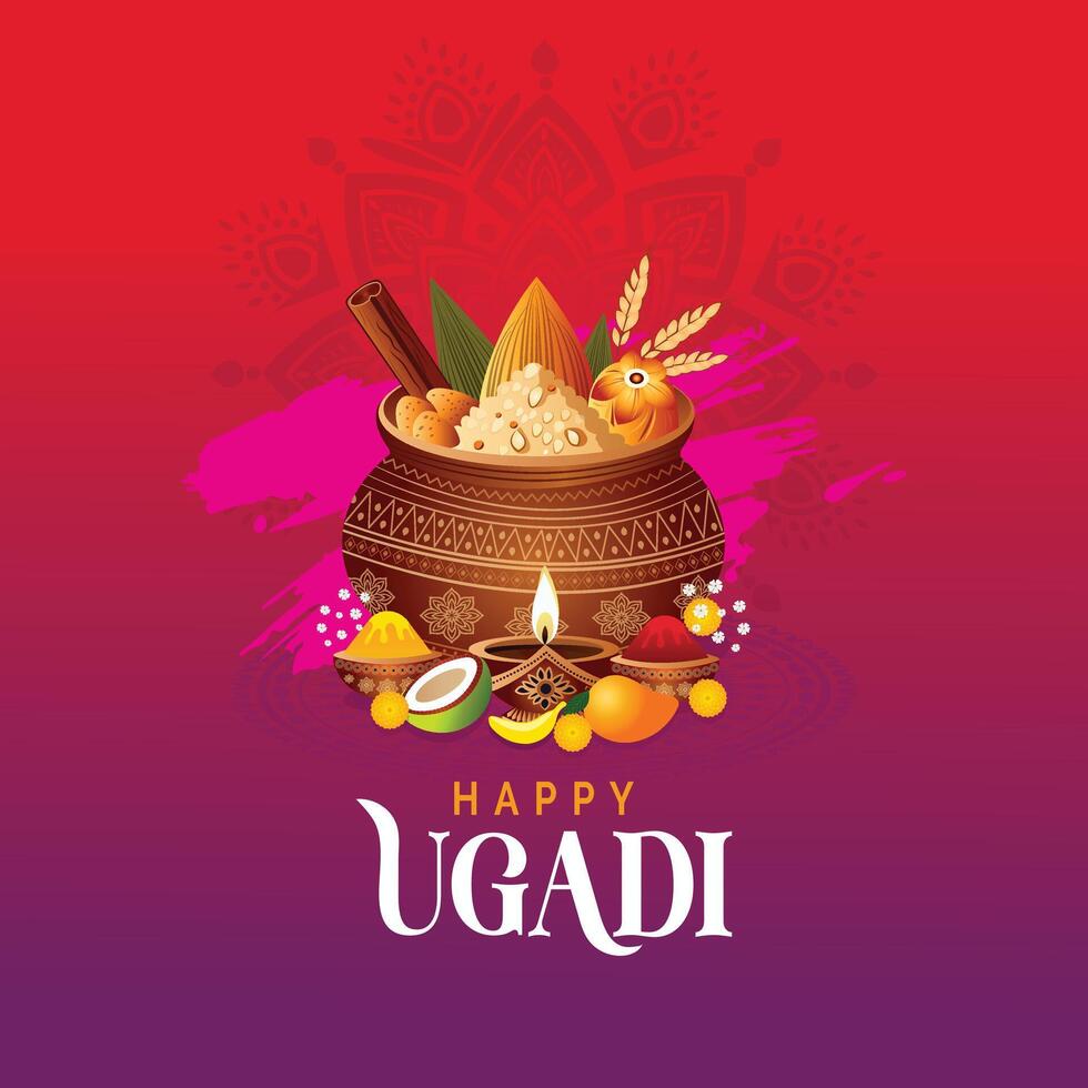 Happy Ugadi. vibrant New Year festival card featuring elegant typography on a pink decorated background. Celebrated in Karnataka and Andhra Pradesh. Abstract design. vector