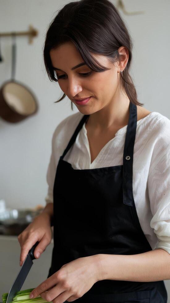 A woman in an apron cutting vegetables on a cutting board photo