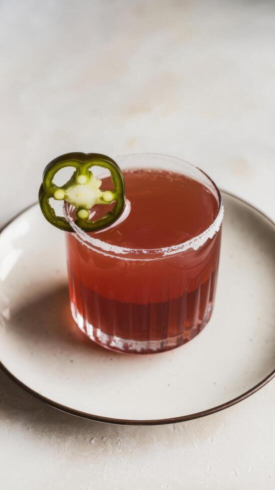 A drink with a green jalapeno garnish on a white plate photo