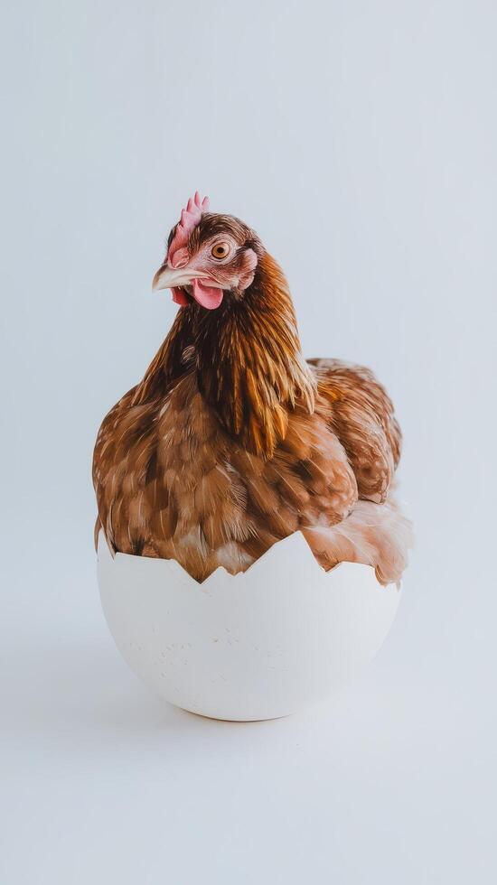 A chicken is sitting in an egg shell photo