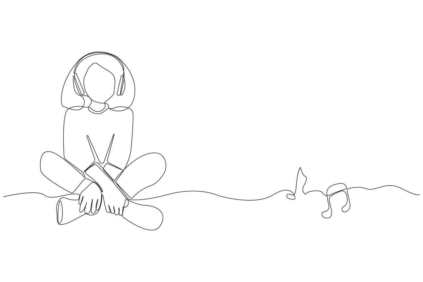 Hand-drawn girl listening to music with headphones one line drawing. Entertainment concept background vector