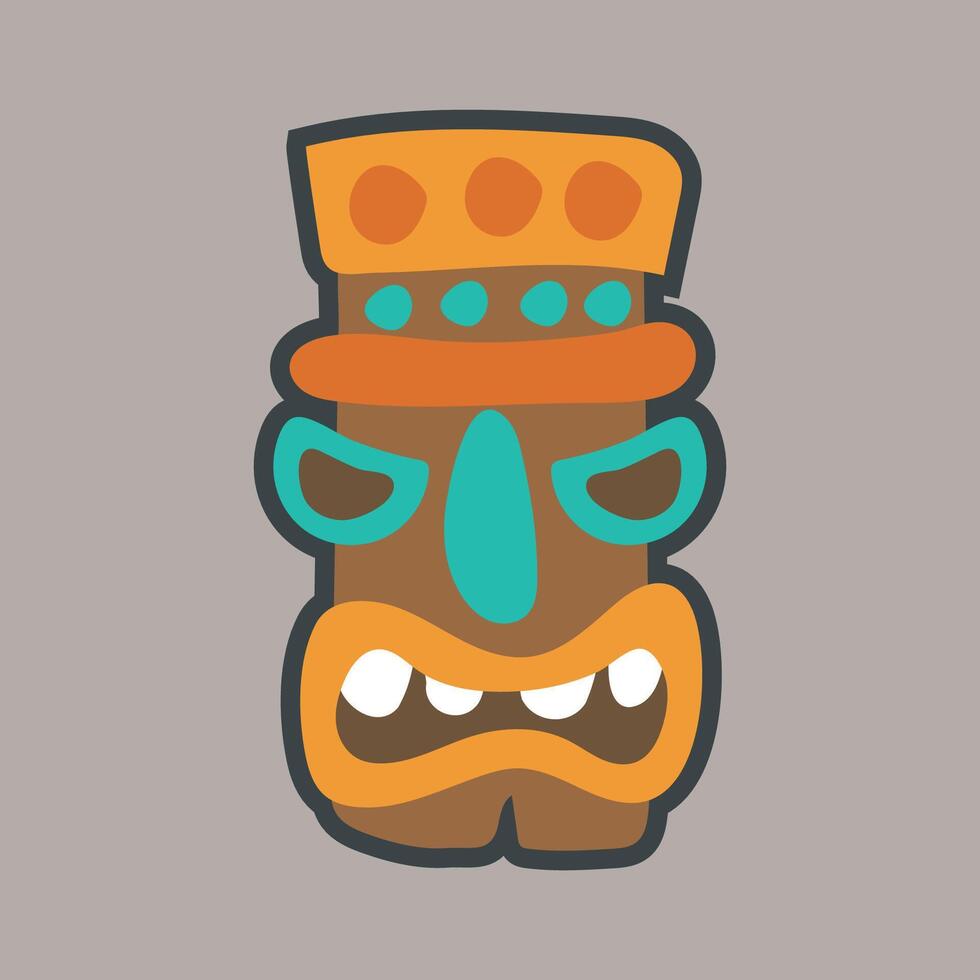 angry face wooden ethnic statue in outline flat design vector