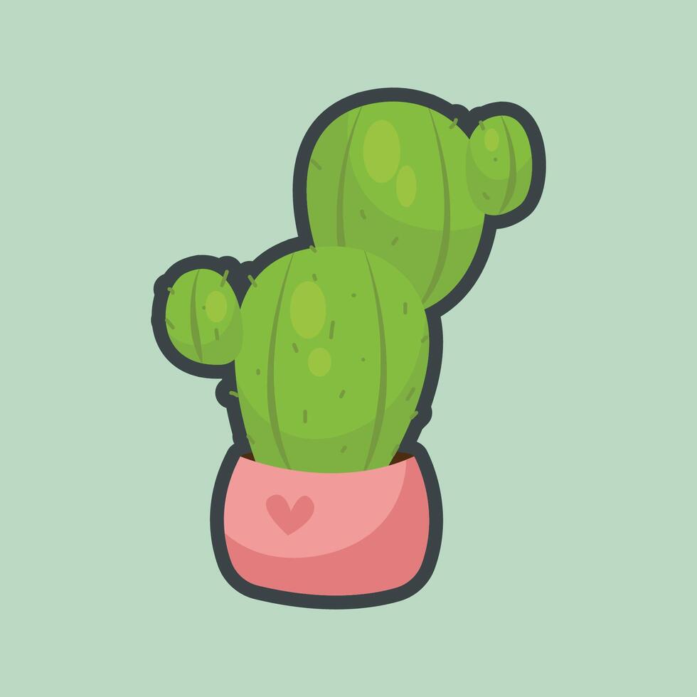 cactus plant in love pink pot with outline flat design vector