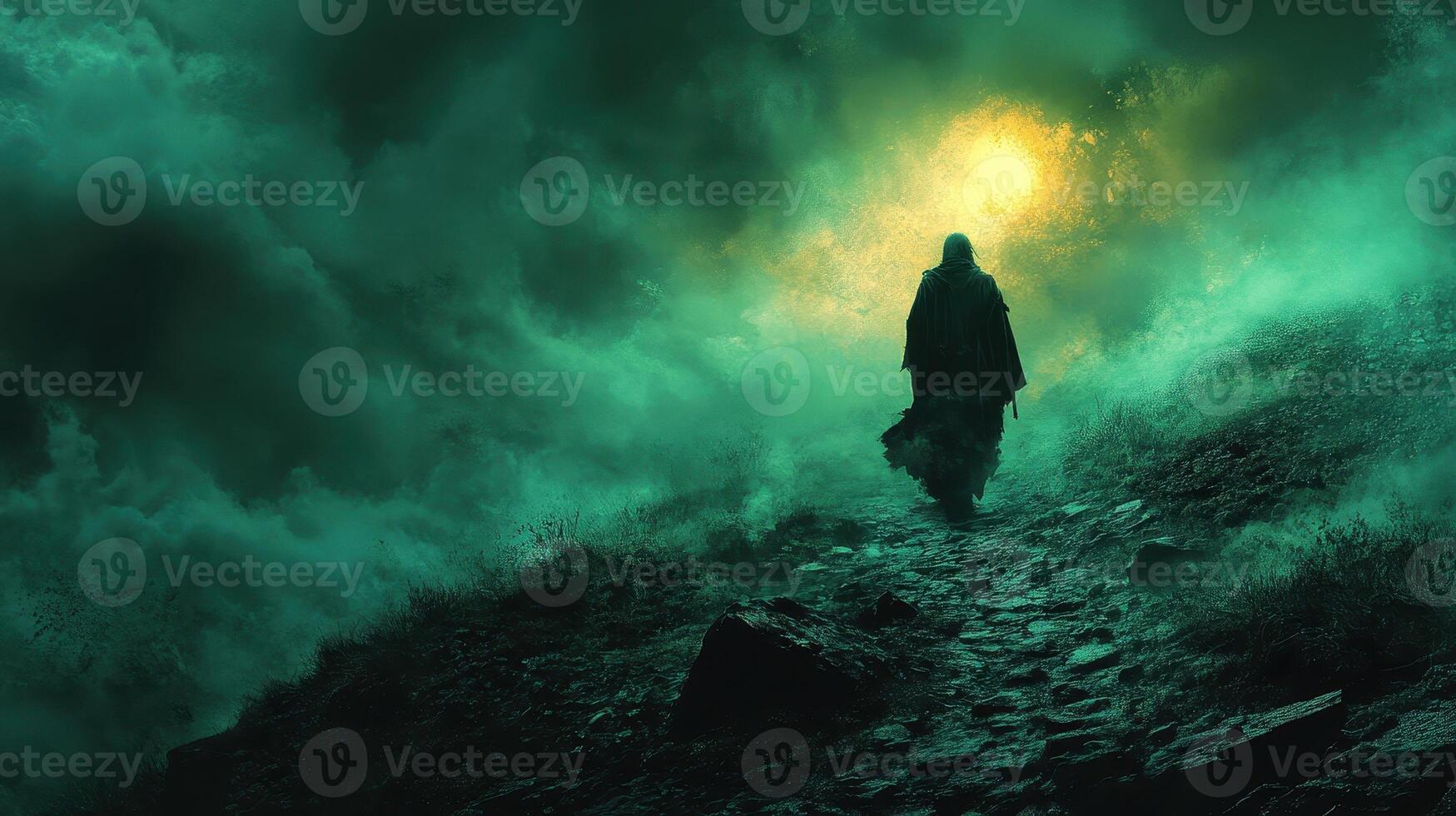 Hooded figure ascends misty mountain, ominous sunset photo