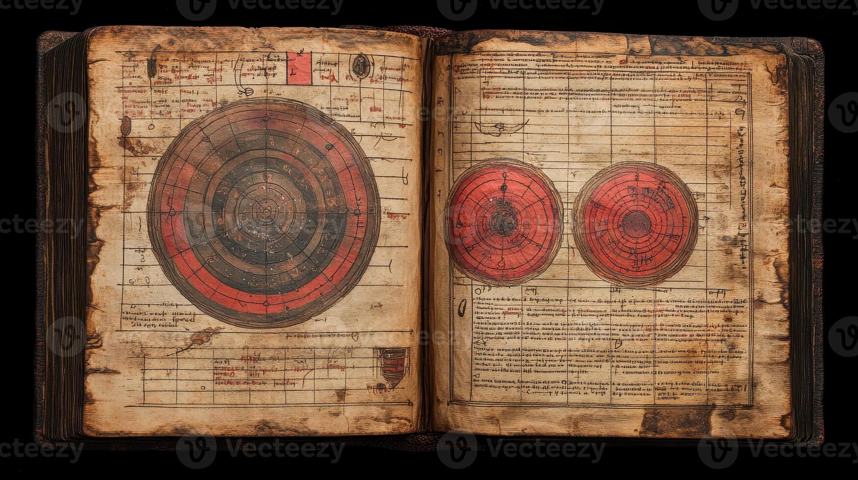 Antique book open, showing cosmic diagrams, dark background, historical study photo