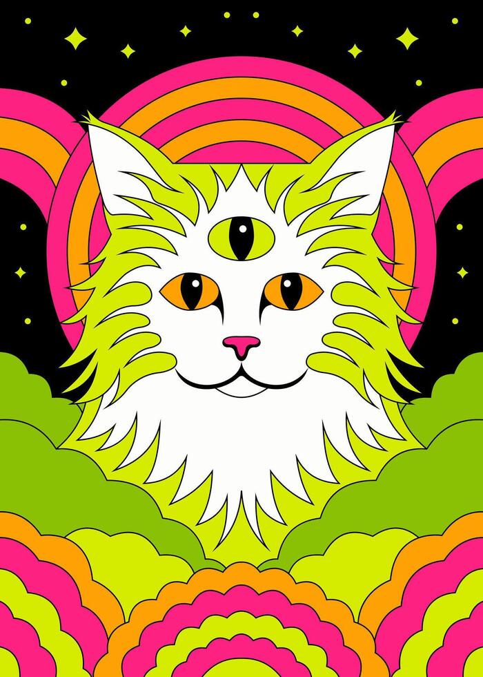 Surreal Psychedelic Cat with Third Eye and Vibrant Rainbow Aura vector
