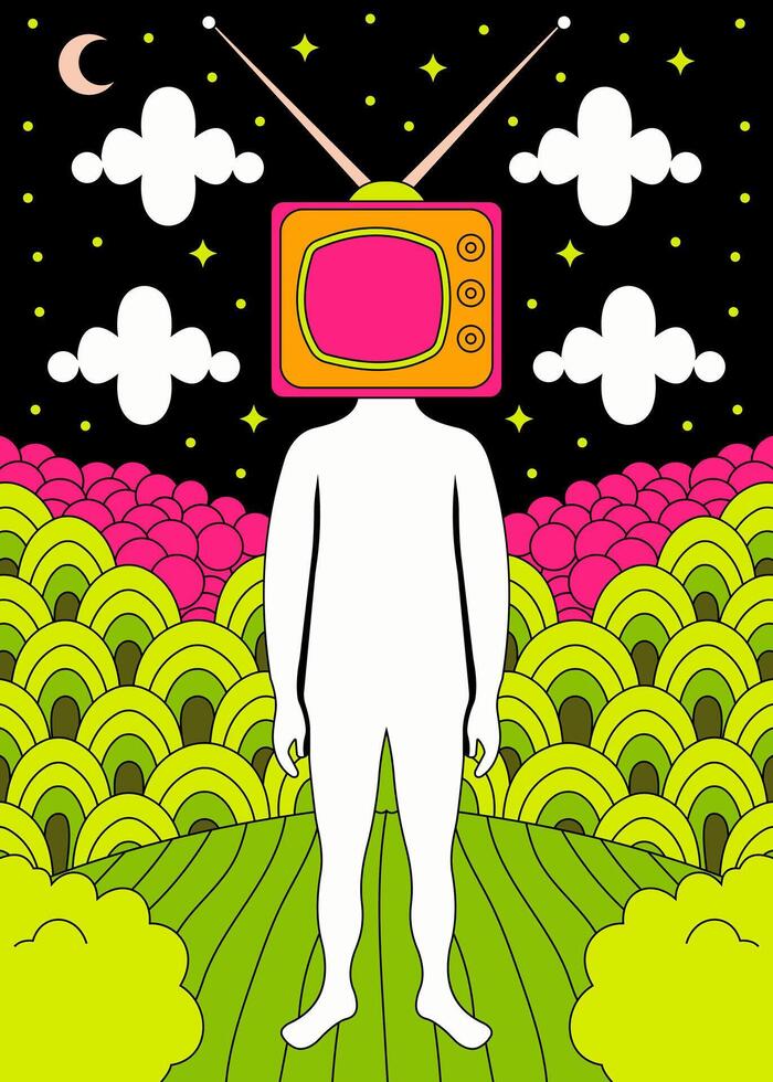 Surreal Retro TV Head in Vibrant Dreamscape vector