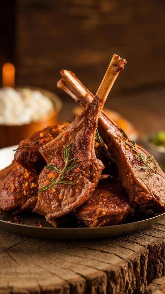 Lamb chops with herbs and spices on a plate photo